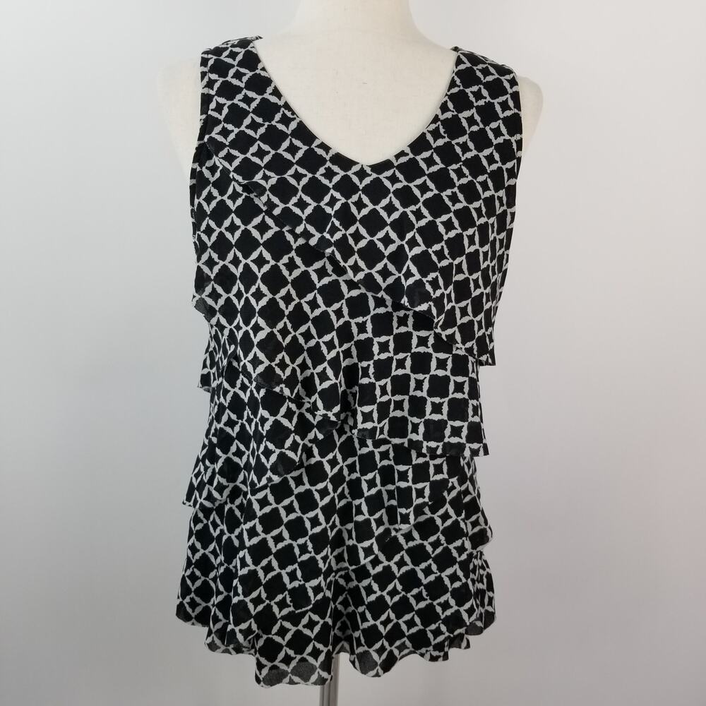 DZ & ALI Black White Sleeveless Tiered Ruffle Front Top Nice Size S